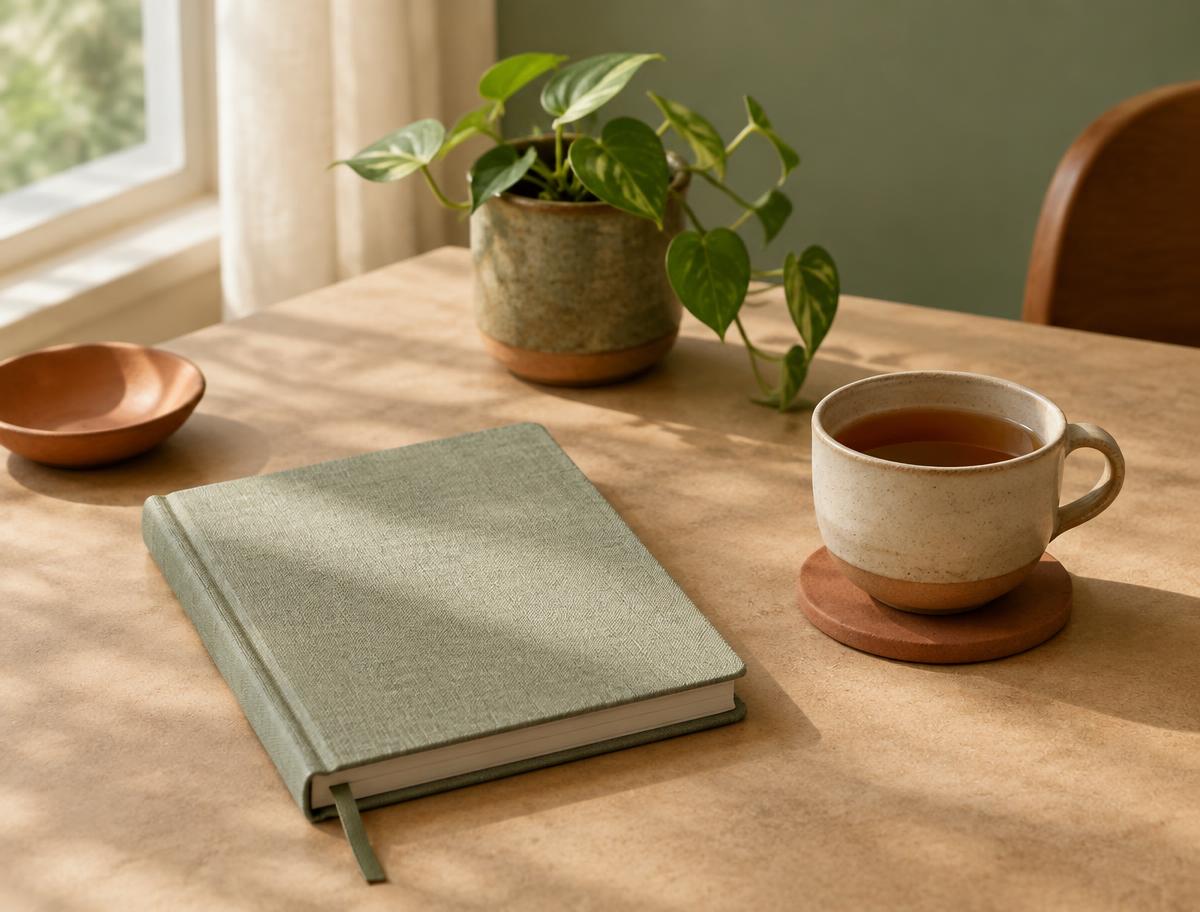 Caderno, xícara de chá e planta sobre uma mesa